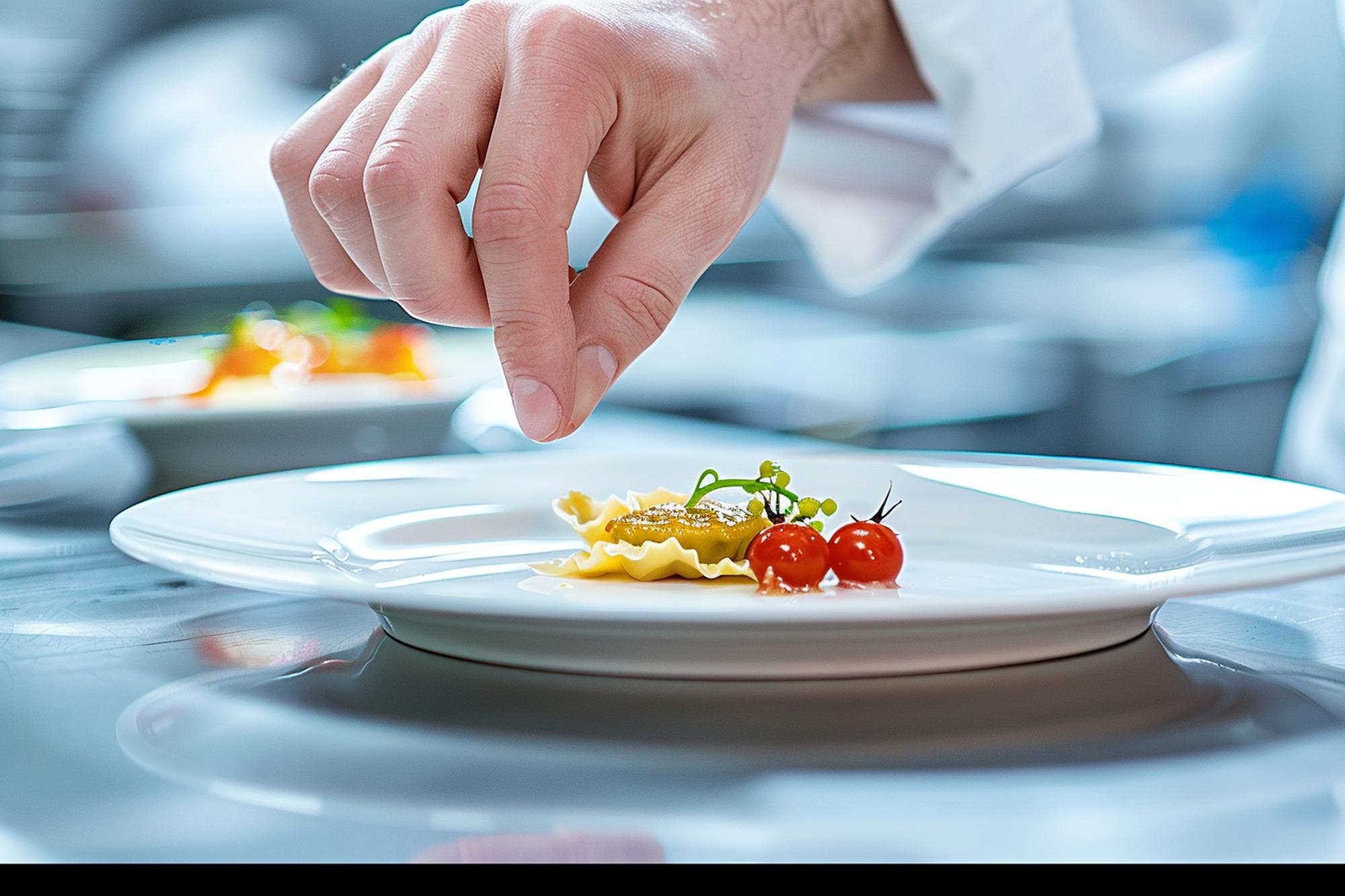 chef arranging plated meal on counter